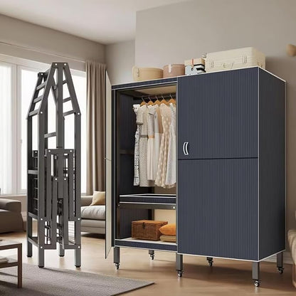 Foldable Portable Wardrobe On Wheels, Freestanding Garment Rack, with Magnetic Door 2000lbs, Heavy Duty Clothes Rack, for Bed