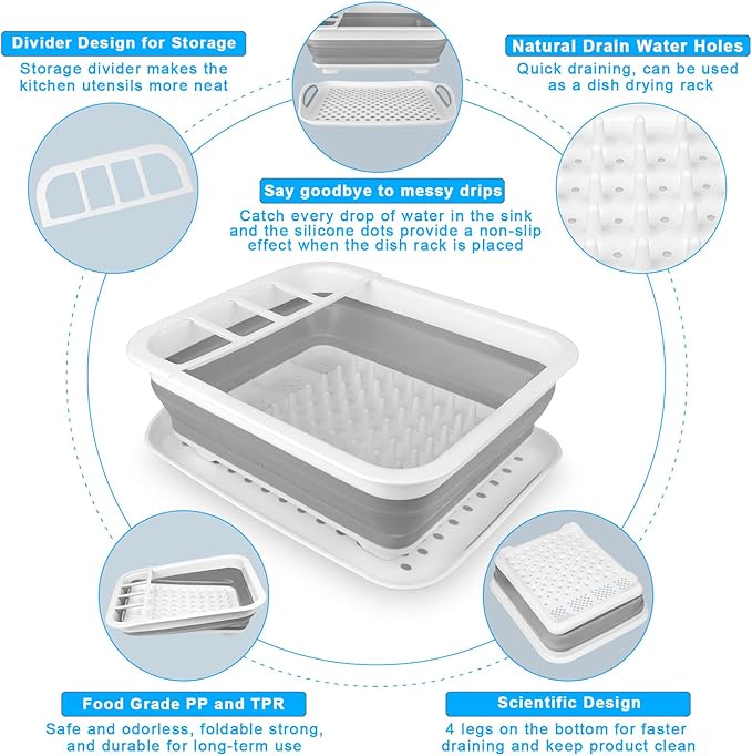 Collapsible Dish Drying Rack Portable Dish Drainers for Kitchen Counter with Drainboard, Kitchen Sink Organizer Basket RV Acc