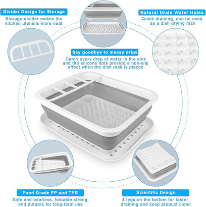 Collapsible Dish Drying Rack Portable Dish Drainers for Kitchen Counter with Drainboard, Kitchen Sink Organizer Basket RV Acc