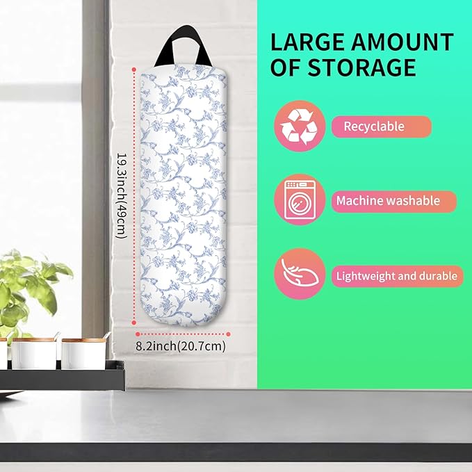 Plastic Bag Holder, Wall Mount Plastic Bag Organizer Dispenser, Reusable Grocery Bag Holder, Trash Bag Organizer for Home Kitchen Beautiful Blue Floral