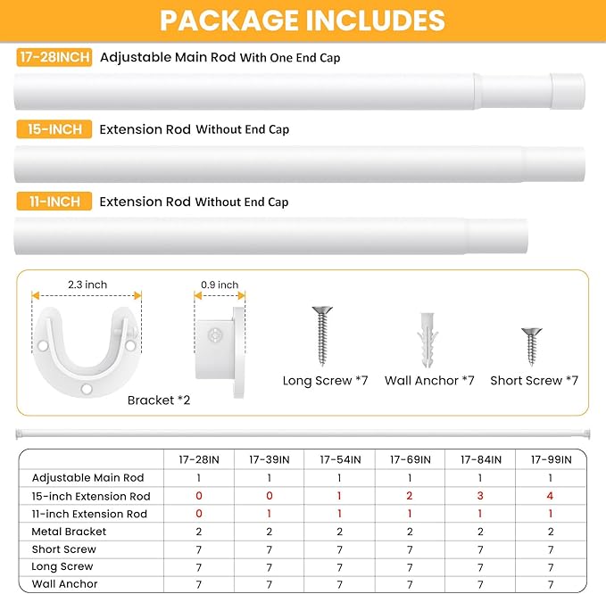 Closet Rods for Hanging Clothes, 17-39 Inch No-Cut Stepless Adjustable Closet Rod, 1.3 Inch Heavy Duty Metal Closet Hanging R