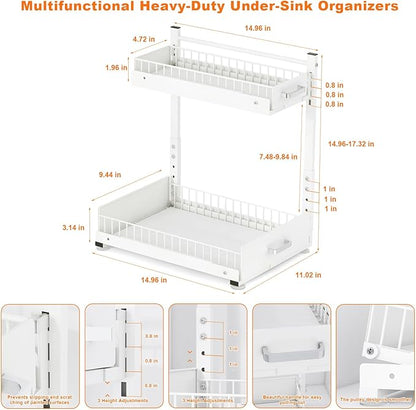 Under Sink Organizer,2 Tier Slide Out Kitchen Cabinet Organizers with Pulley,Under Bathroom Sink Pull Out Organizer with Mult
