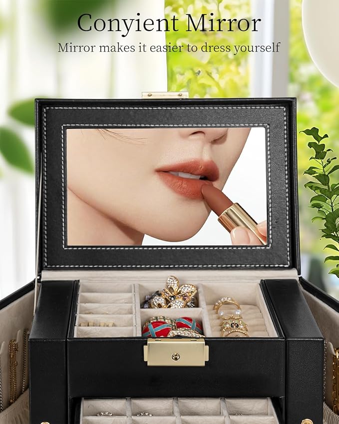 TORIBIO Jewelry Box for Women, Leather Jewelry Organizer with Mirror & Lock, 4-Tier Jewelry Storage Organizer with 3 Drawers 