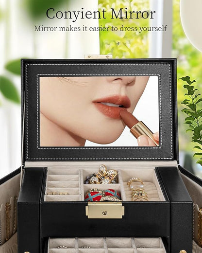 TORIBIO Jewelry Box for Women, Leather Jewelry Organizer with Mirror & Lock, 4-Tier Jewelry Storage Organizer with 3 Drawers 