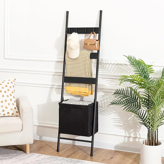 HOOBRO Blanket Ladder with Basket, 17.3”L x 63.4”H, Towel Rack with Hooks, Blanket Holder Rack, Decorative Ladder Shelf, Dryi