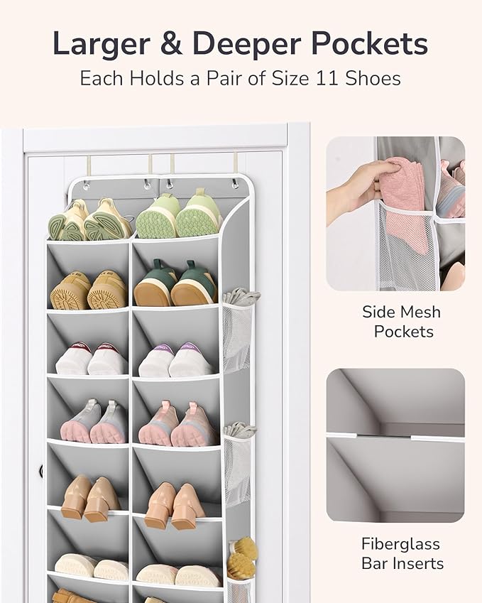 ULG Over The Door Shoe Organizer for Closet Fit 24-32 Pairs with Large Deep Pockets, Narrow Shoe Rack for Door Hanging Boots 