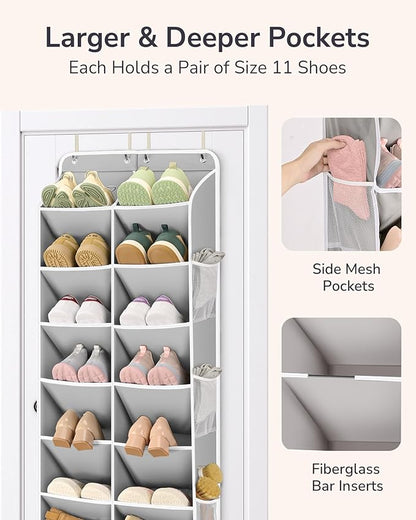 ULG Over The Door Shoe Organizer for Closet Fit 24-32 Pairs with Large Deep Pockets, Narrow Shoe Rack for Door Hanging Boots 