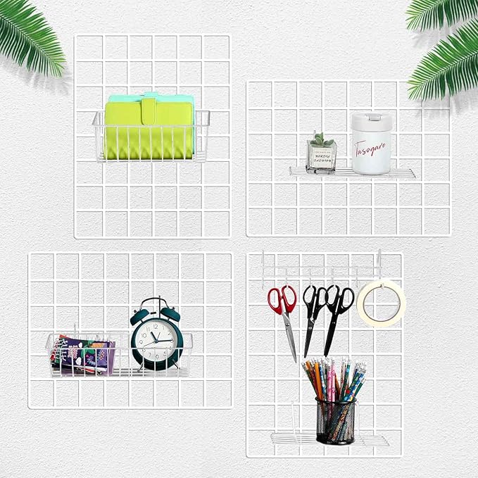 Fumete 9 Pcs Wall Grid Hanging Basket Shelf Hooks Set Includes 3 Basket 3 Wire Straight Shelf and 3 Hooks for Storage Display