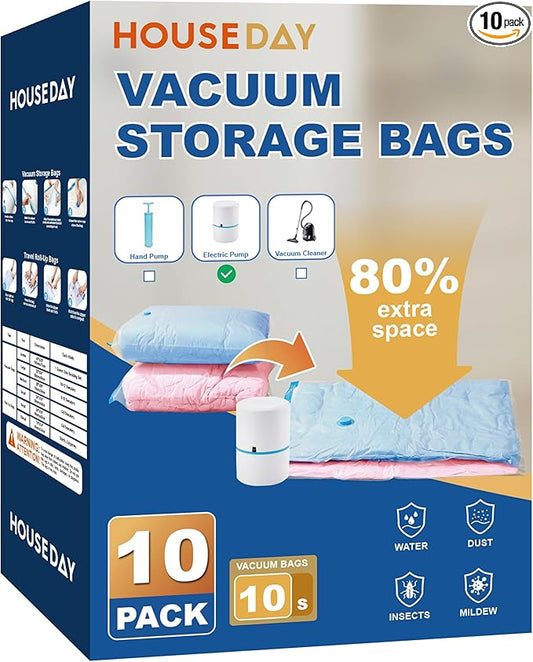 HOUSE DAY 10 Small Vacuum Seal Bags For Clothing Travel, 80% Space Saving Travel Vacuum Bags with Electric Pump, Vacuum Stora