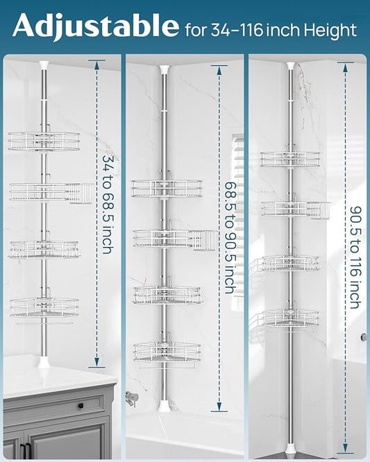 SEIRIONE Corner Shower Caddy Tension Pole, Quick Setup, Rust-Free Bathroom Shower Organizer Corner for Bathtub Shampoo Storag