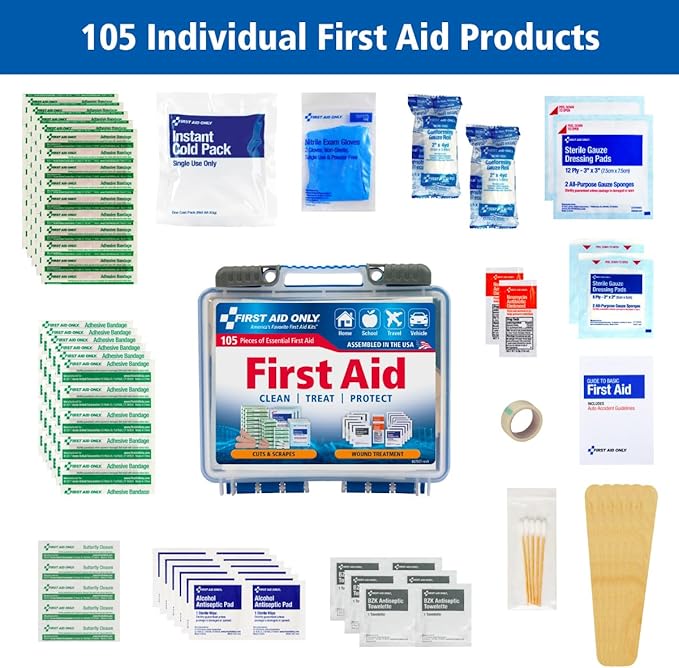 First Aid Only 91249 On-The-Go All-Purpose Emergency First Aid Kit for Car, Travel, Home and Business, 105 Pieces