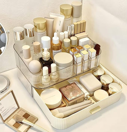 Makeup Organizer with Drawer, Stackable Cosmetic Organizer for Vanity and Bathroom Countertop, Clear Storage for Perfume, Ski