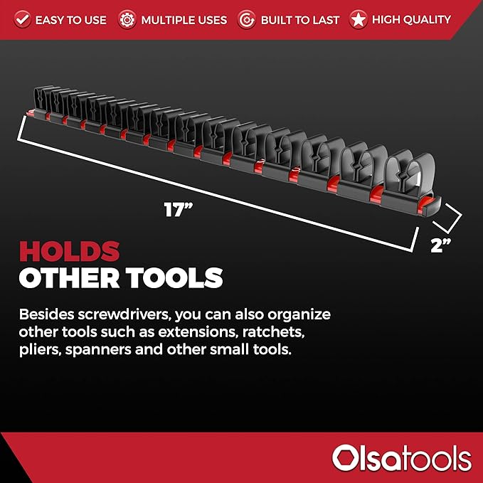 Olsa Tools Premium Wall-Mount Screwdriver Organizer - Red Nylon with Black Clips - Holds 14 Screwdrivers - Part: 1030