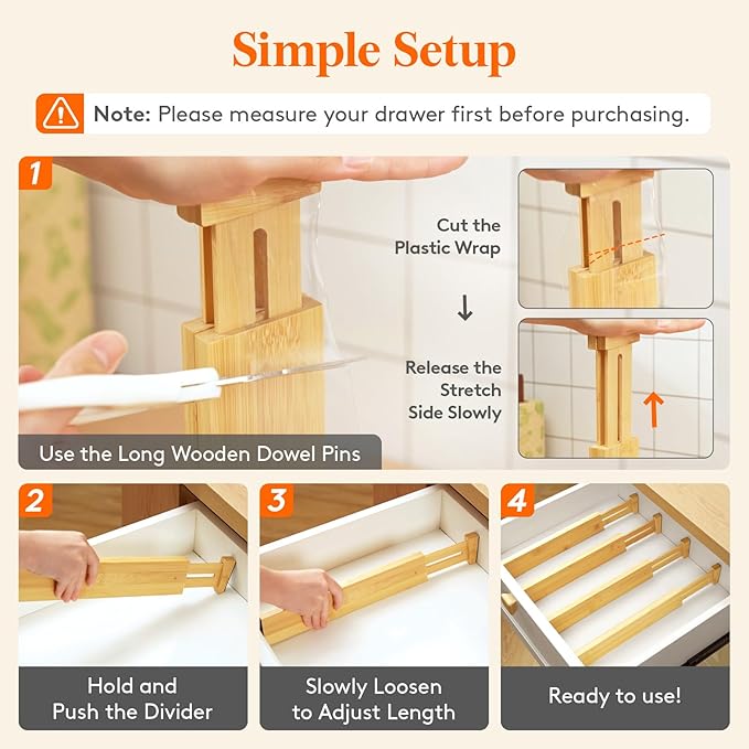 Lifewit 2.4" High 8 Pack Bamboo Drawer Dividers 33-42cm/13-16.5" Adjustable Wooden Drawer Organizer for Clothes/Utensils, Exp