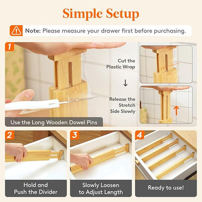 Lifewit 2.4" High 8 Pack Bamboo Drawer Dividers 33-42cm/13-16.5" Adjustable Wooden Drawer Organizer for Clothes/Utensils, Exp