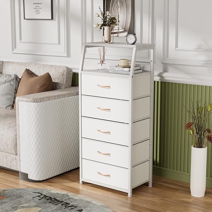Furnulem White Dresser with 5 Drawers, Vertical Storage Tower Fabric Dresser for Bedroom, Hallway, Entryway, Nursery, Closet 