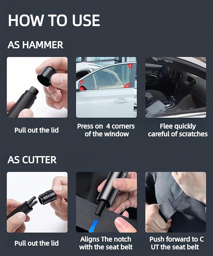 Car Safety Hammer Glass Breaker, Seatbelt Cutter, Under Water Window Breaker, Emergency Escape Tool, Car Accessories, Silver&