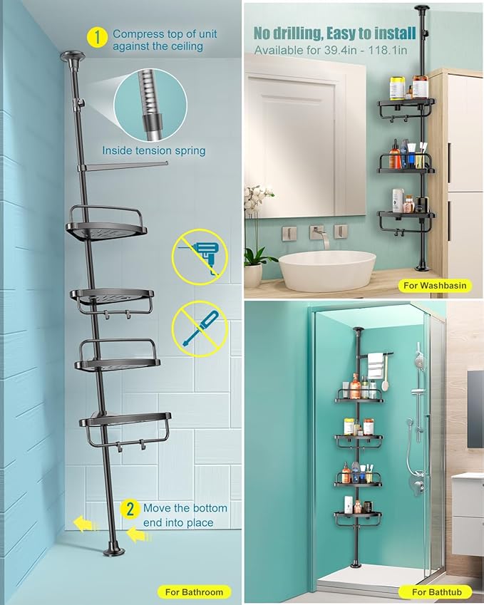 ADOVEL 4 Layer Corner Shower Caddy, Stainless Steel Constant Tension Pole Shower Organizer, Adjustable Corner Shower Shelf, R