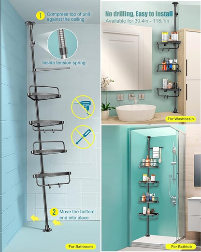 ADOVEL 4 Layer Corner Shower Caddy, Stainless Steel Constant Tension Pole Shower Organizer, Adjustable Corner Shower Shelf, R