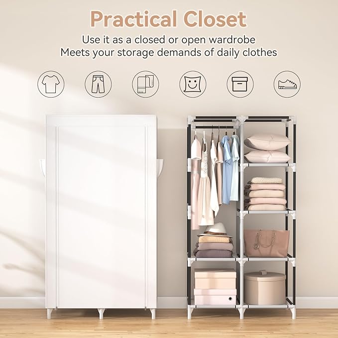 ROJASOP Portable Closet Wardrobe Closet for Hanging Clothes with 6 Storage Shelves, 1 Hanging Rod and 4 Pockets, Clothes Orga