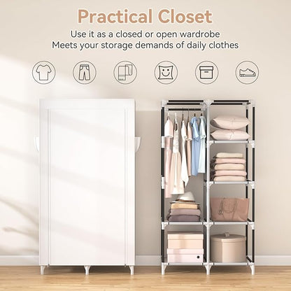 ROJASOP Portable Closet Wardrobe Closet for Hanging Clothes with 6 Storage Shelves, 1 Hanging Rod and 4 Pockets, Clothes Orga