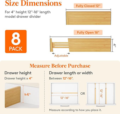 Lifewit 4" High 8 Pack Bamboo Drawer Dividers 31-40cm/12-16 Adjustable Wooden Drawer Organizer for Clothes/Utensils, Expandab