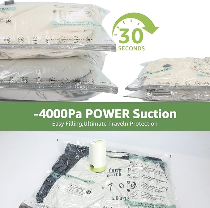 Vacuum Bags for Travel with Rechargeable air Pump, 3 Sizes Vacuum Seal Bags for Clothing, Space-Saving Compression Storage Ba