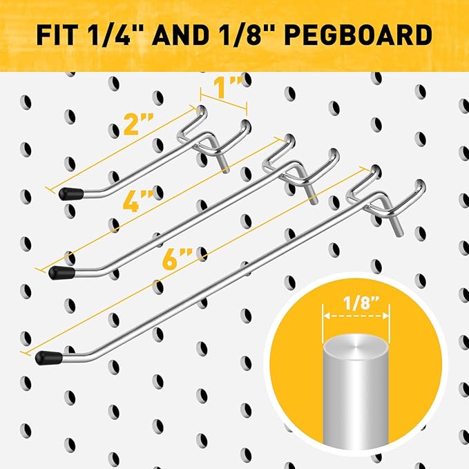 ELEAD 66-Piece 2/4/6 Inch Pegboard Hooks, Heavy Duty Peg Board Organizer Accessories, Peg Board Tool Hangers Fit for 1/4" and