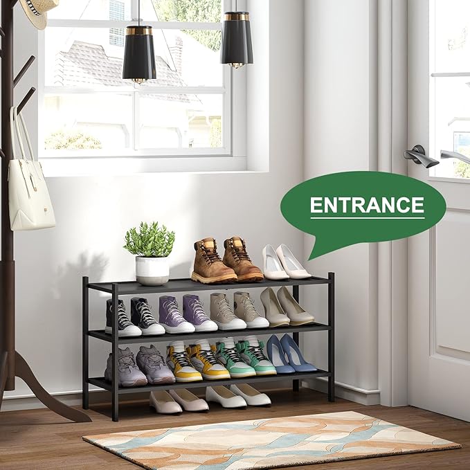 kiplant Black Long Shoe Rack, 3-Tier Bamboo Wood Shoe Rack for Entryway, Stackable | Foldable | Natural, Shoe Organizer for H