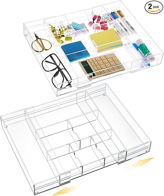 2 Pcs Acrylic Desk Drawer Organizer Maximum 12 x 18 x 2.1 Inch Expandable Drawer Organizer Trays with 8 Adjustable Compartmen