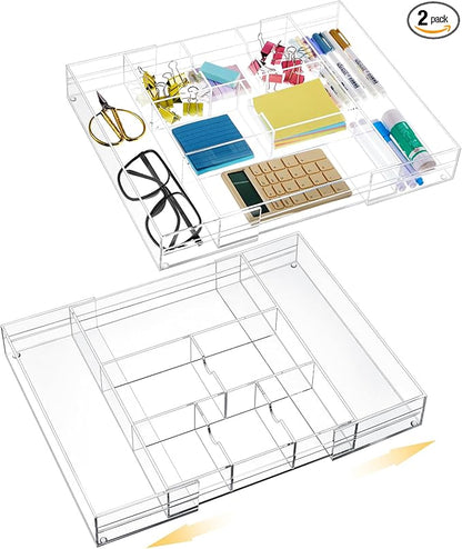 2 Pcs Acrylic Desk Drawer Organizer Maximum 12 x 18 x 2.1 Inch Expandable Drawer Organizer Trays with 8 Adjustable Compartmen