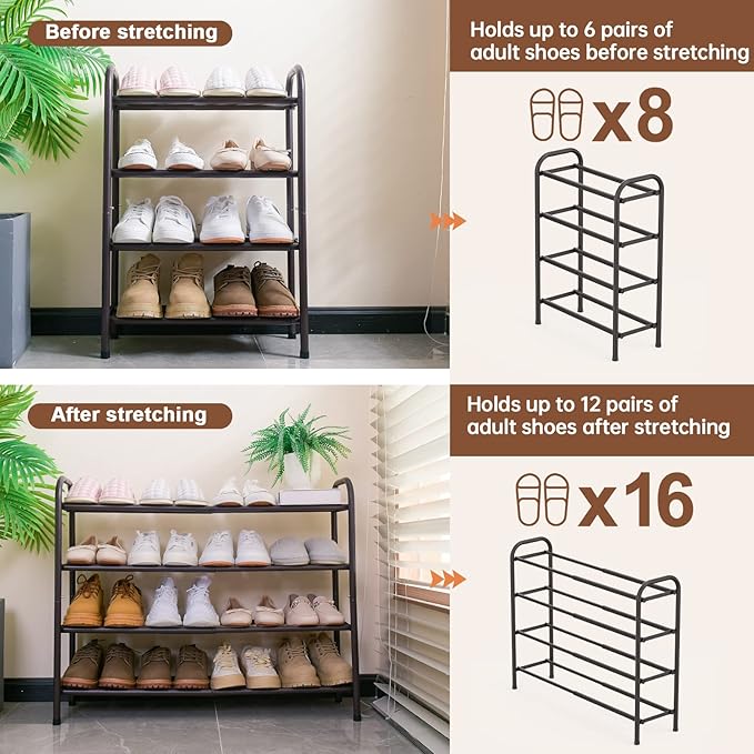 Gonfoam 4-Tier Expandable Shoe Rack,Adjustable Shoe Shelf Storage Organizer Heavy Duty Metal Free Standing Shoe Rack for Entr