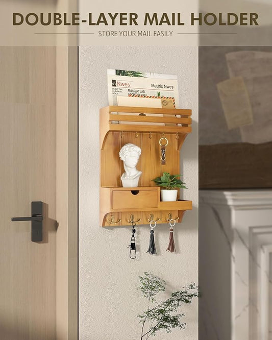 Rebee Vision Farmhouse Key Holder Wall Mount with Mini Drawer Organizer – Mail Organizer with 9 Key Hooks – Ideal Home Decor 