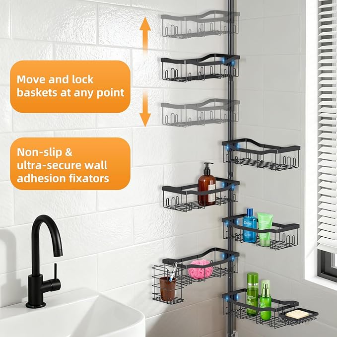 Shower Caddy Corner, 6 Tier Tension Pole Rod Bathroom Organizer Shelves, Adjustable Bathtub Shampoo Stand Rack with Towel Rac