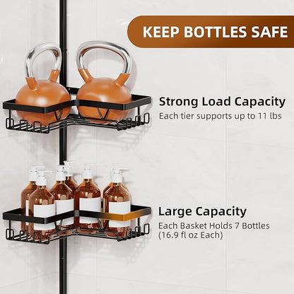 KEGII Shower Caddy Corner Tension Pole with 2 Suction Cup Soap Dishes, Rustproof 4-Tier Adjustable Bathroom Organizer, No-Dri