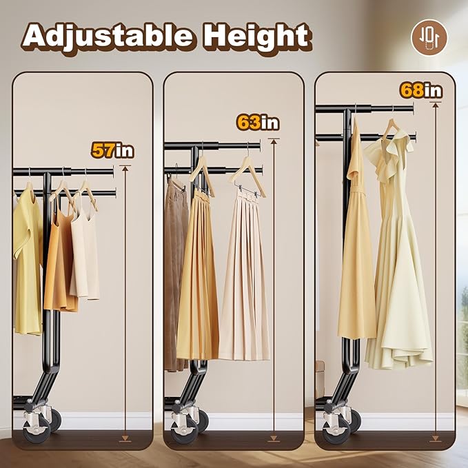 HOKEEPER Clothes Rack Heavy Duty Clothing Rack Load 650 LBS Collapsible Garment Rack with Wheels Double Rod Coat Rack for Han