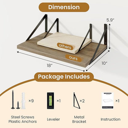 Floating Shelves for Wall,18" Wall Mounted Shelves Set of 2,Wood Floating Shelf with Bracket,Sturdy Metal Bracket Bookshelves
