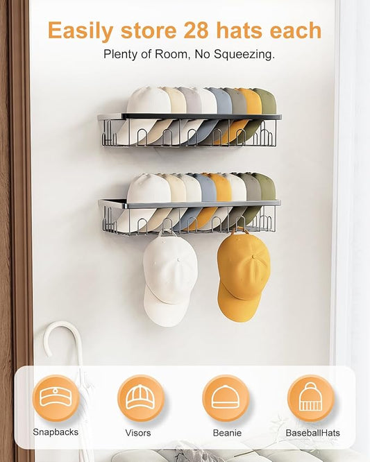 4 Pack Hat Rack for Wall Holds 112 Caps Hat Organizer for Wall Mounted Hat Holder on Wall Hat Organizer for Baseball Caps Hat