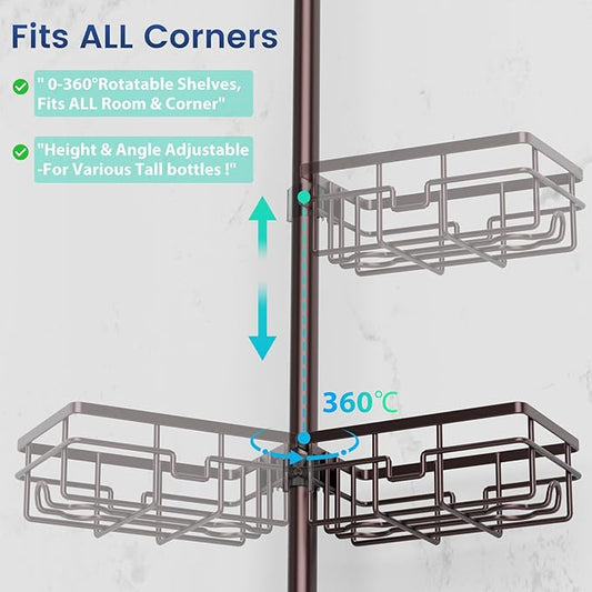 Mixoo Corner Shower Caddy Tension Pole - Adjustable 30 to 120 Inch Shower Organizer with 6 Shelves, Towel Rack, Toothbrush Ho