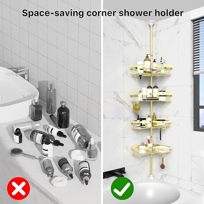 KEGII Corner Gold Shower Caddy Tension Pole - 4-Tier Rustproof Shower Rod Organizer, Floor to Ceiling Tension Rod 25-114.2 in