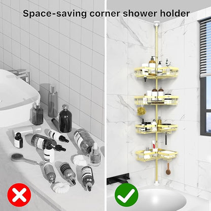 KEGII Corner Gold Shower Caddy Tension Pole - 4-Tier Rustproof Shower Rod Organizer, Floor to Ceiling Tension Rod 25-114.2 in