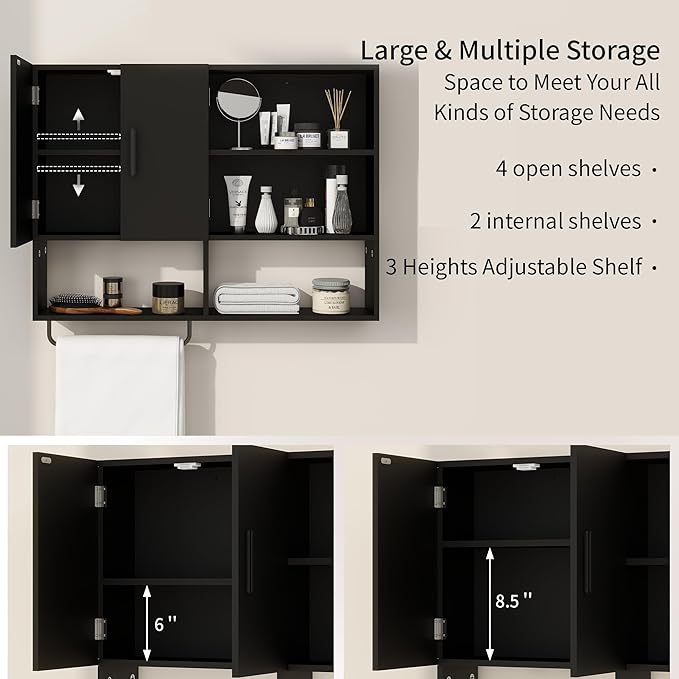 Medicine Cabinet, Wooden Bathroom Wall Cabinet with 2 Doors, Adjustable Shelves & Towel Bar, Over Toilet Storage Cabinet Wall