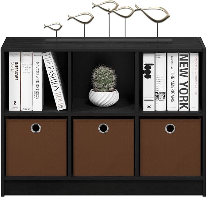 Furinno BASIC Book Shelf, 6-Cube Bookshelf with Open Shelf, 3 x 2 Bookcase with Storage Bins, Closed Back, Horizontal, 11.9 x
