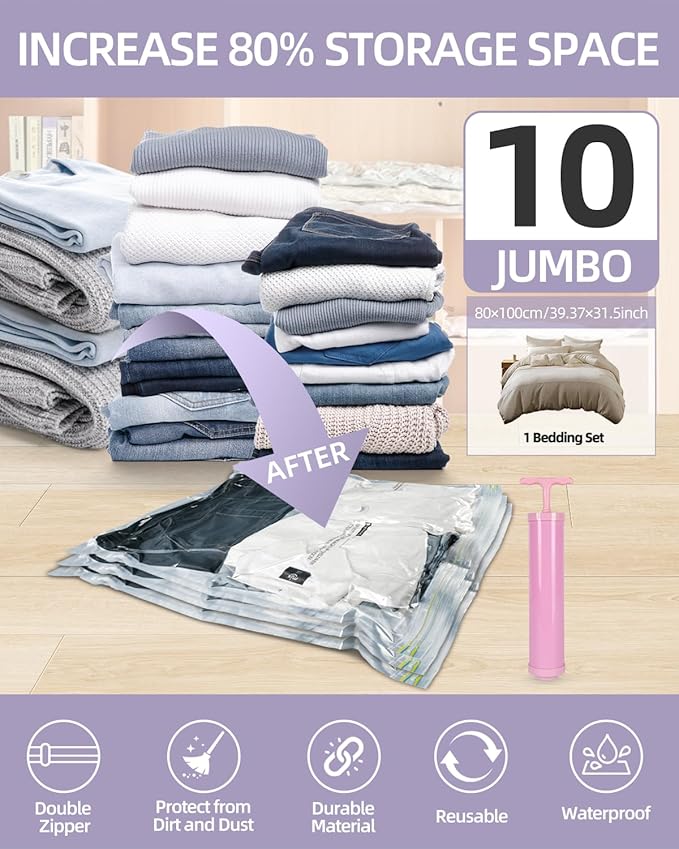Vacuum Storage Bags for moving, Vacuum Seal Bags for Memory Foam, Latex, Clothing & Bedding, Space Saver Bags for Organizatio
