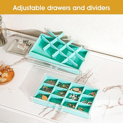 ProCase Earring Holder Organizer Jewelry Box with 3 Drawers, Acrylic Clear Earring Case with Adjustable Velvet Trays for Wome