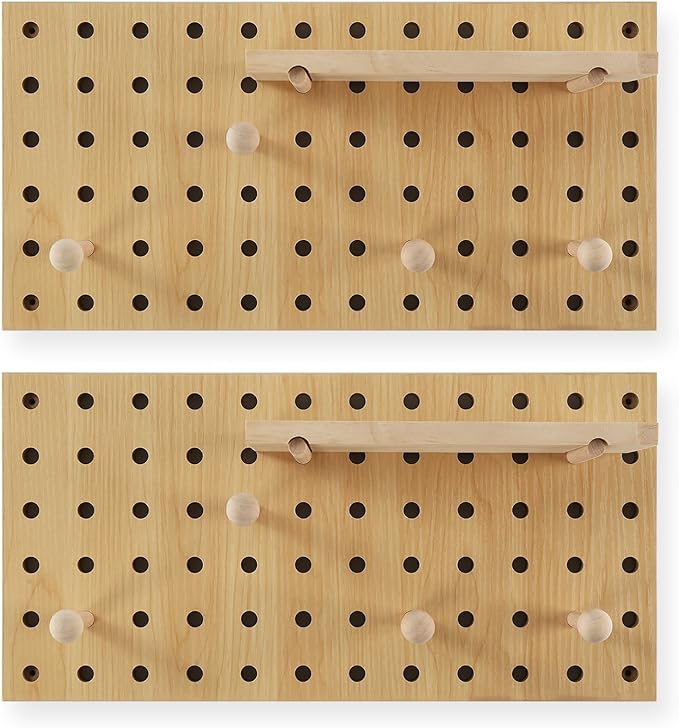 Beige Wood Pegboard Modular Display Wooden Pegboard Combination Wall Organizer Storage Wall Hooks Shelf for Home, Office, Bat