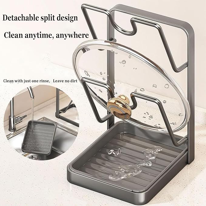 Kitchen Pot Lid Storage Rack, Carbon Steel Pot Lid Holder with Spoon Rest While Cooking, Multifunctional Kitchen Organizer Stand for Counter Top with Removable Drip Tray