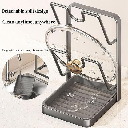Kitchen Pot Lid Storage Rack, Carbon Steel Pot Lid Holder with Spoon Rest While Cooking, Multifunctional Kitchen Organizer Stand for Counter Top with Removable Drip Tray