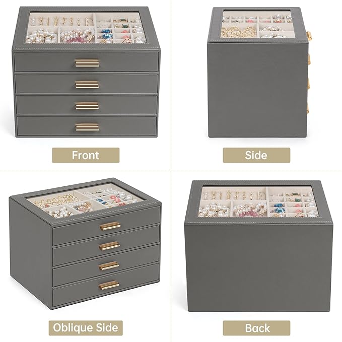AKOZLIN Jewelry Box with Clear Lid Functional Leather Jewelry Storage Organizer Case 4 Drawers for Women Girls Necklace Ring 
