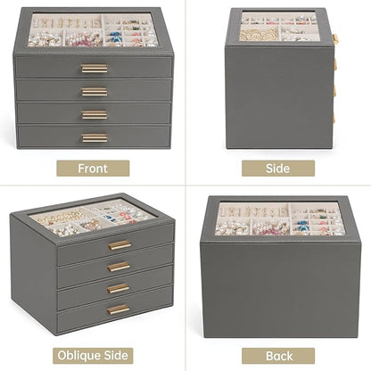 AKOZLIN Jewelry Box with Clear Lid Functional Leather Jewelry Storage Organizer Case 4 Drawers for Women Girls Necklace Ring 